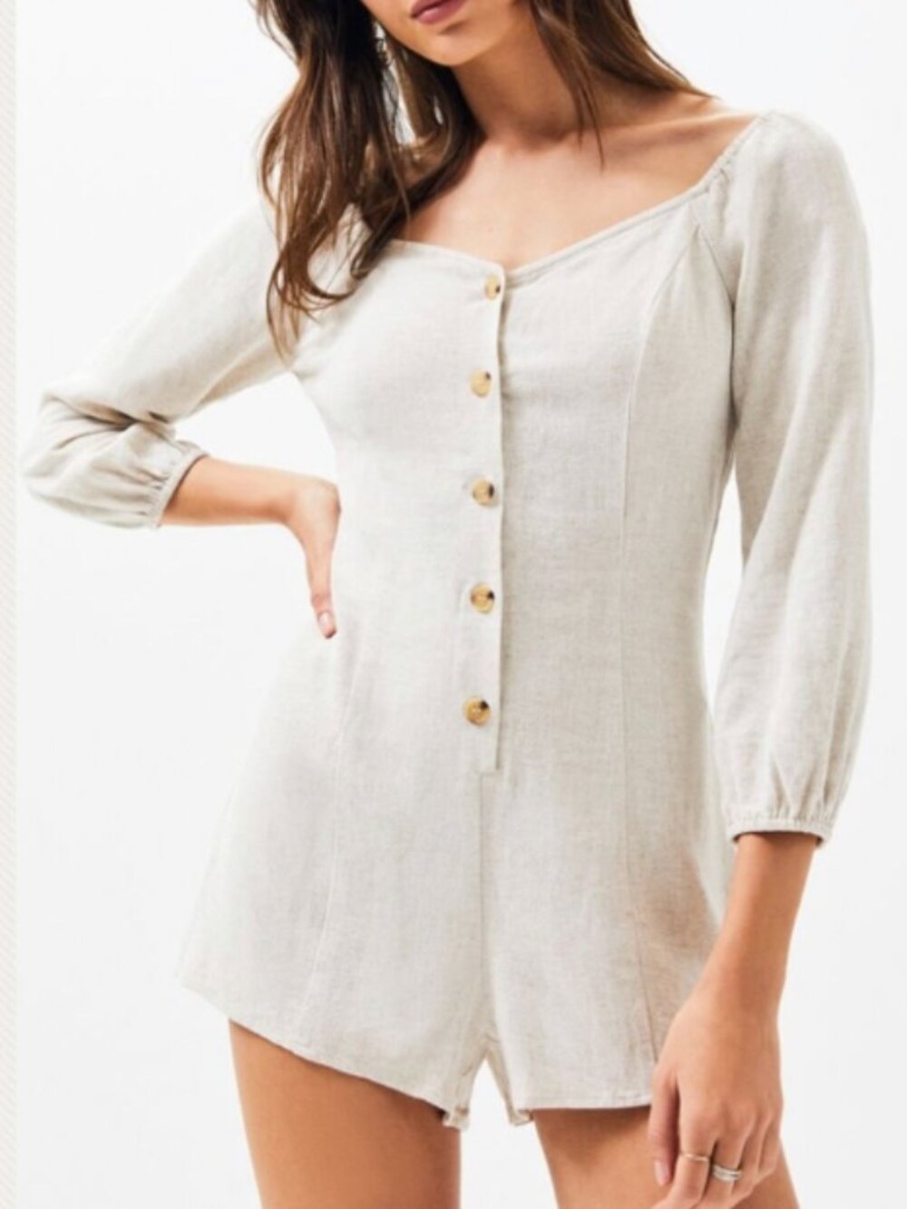 Lottie Moss PacSun Linen Blend Puff Long Sleeve Button Front Natural Romper XS